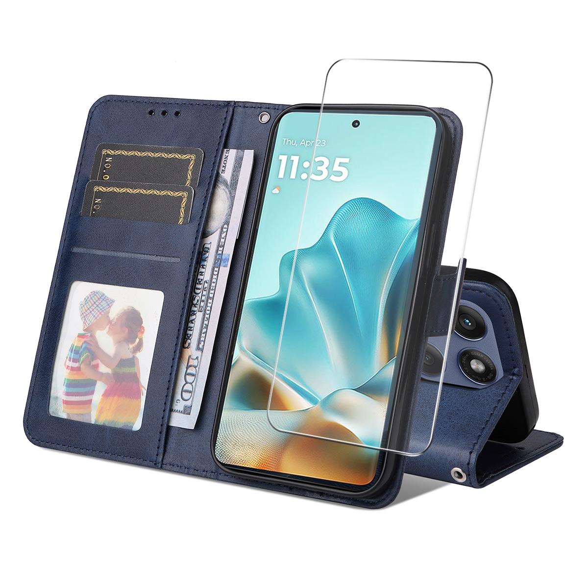 

For Motorola Edge 60 5G/60 Fusion 5G PU Leather Wallet Case ENKAY HAT PRINCE Phone Stand Cover with Tempered Glass Blue