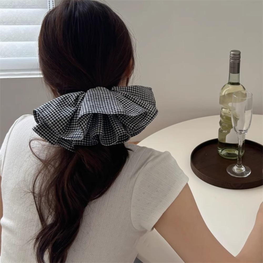 Double Layer Checkered Hair Clip Bow Women Hair Ropes Temperament Oversized Hair Scrunchies  Girls