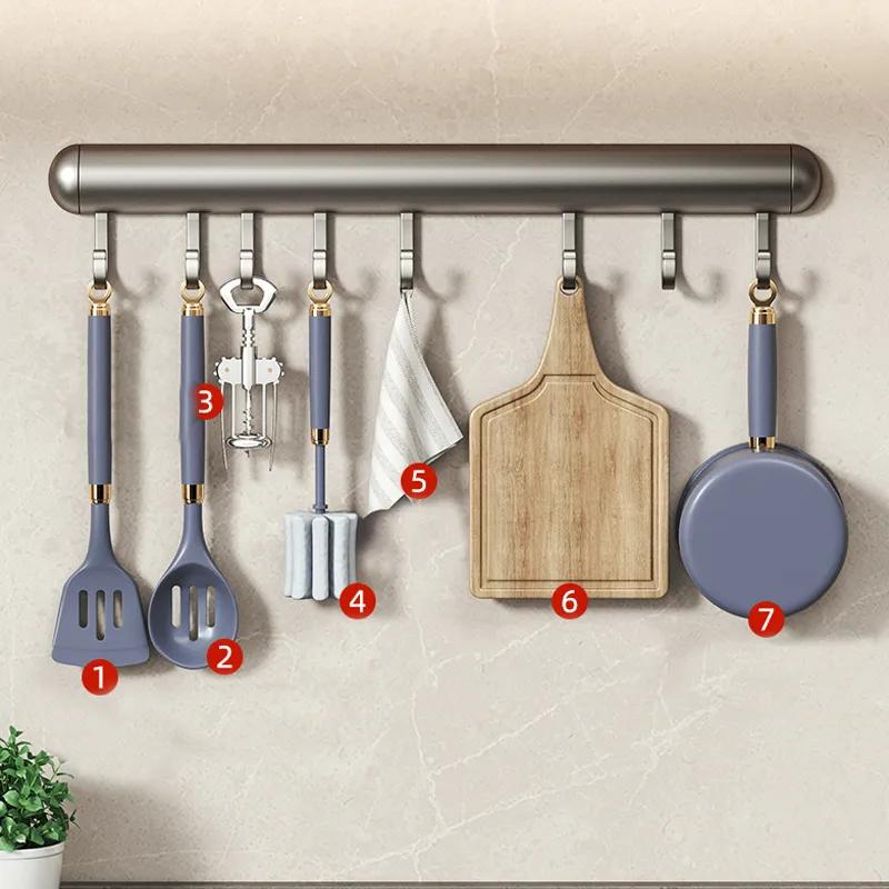 Kitchen Hooks Non Perforated Hanging Rods Kitchen Storage Racks Spatulas Spoons Hanging Racks Space Aluminum Hooks Wall Mounted Storage YLE516