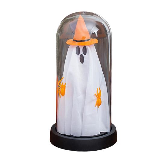 Halloween Indoor Ghost Decoration Light Up Ghost in Glass Cloche with Wood Base Cute Ghost Night Light for Home Kitchen Mantel Shelf Fireplace Decor