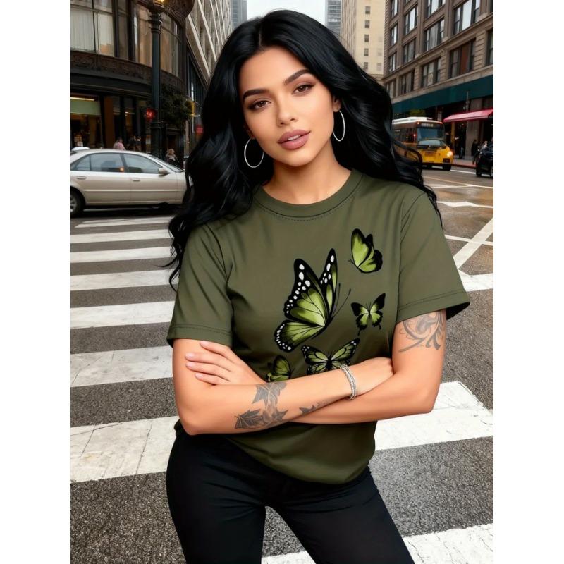 Fashionable butterfly printed T-shirt - short sleeved round neck, comfortable, breathable and soft, perfect choice for spring and summer