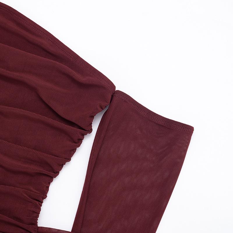J25DS416 Elegantes einärmeliges plissiertes Netz-Langarmkleid für Damen