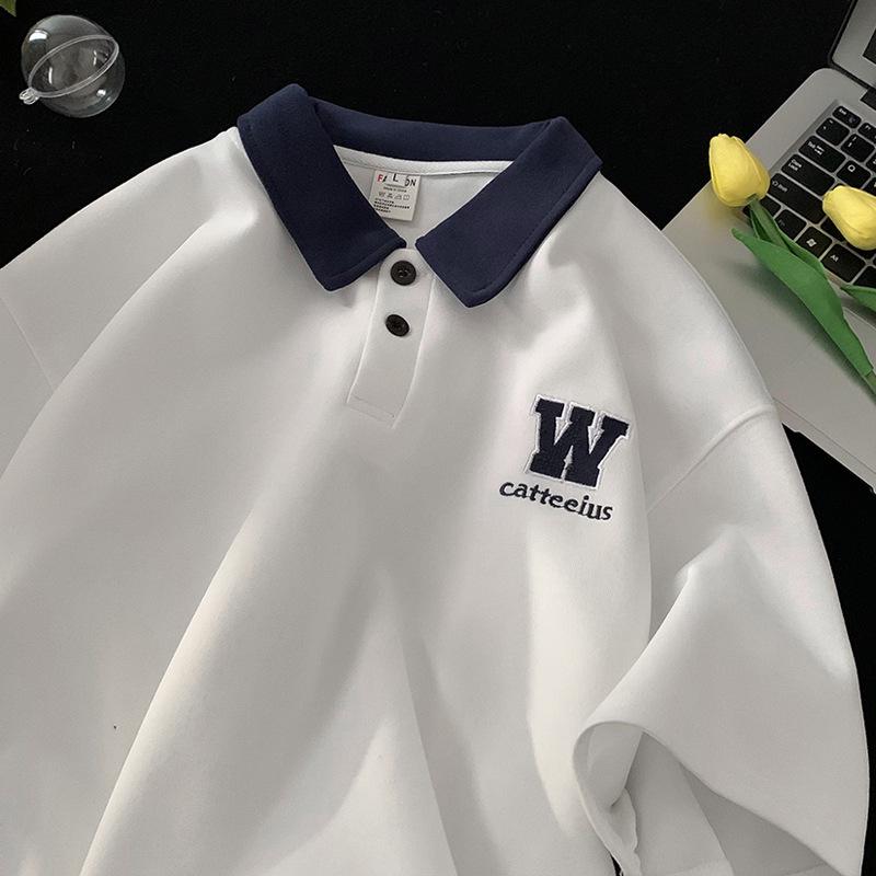 Men's Summer Embroidered Cotton Polo Shirt with College Style Contrast Colors