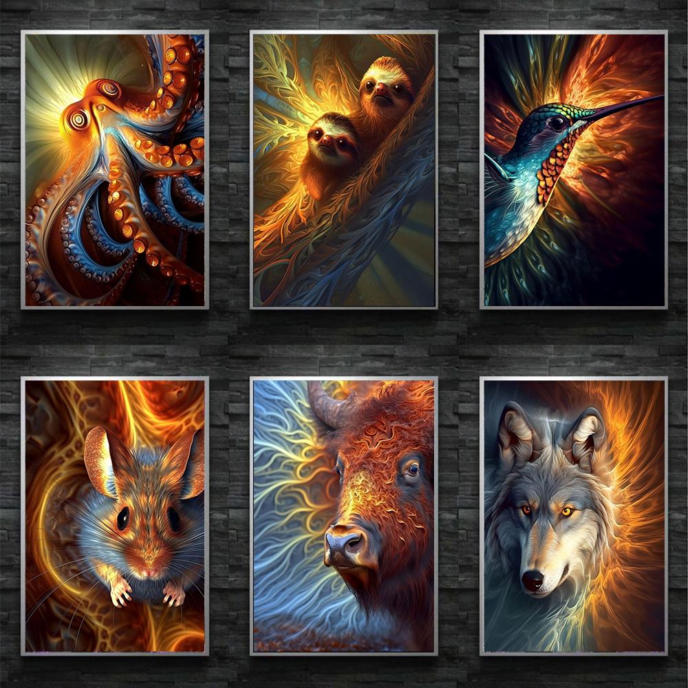 Golden Glowing Animal On Black Background Prints Poster Canvas Painting Modern Wall Art Pictures Living Room Bedroom Home Decor