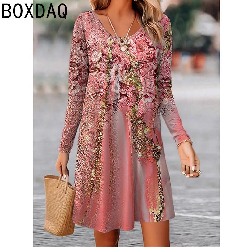 Vintage Boho Floral Elegant Women Dress Autumn Long Sleeve O-Neck A-Line Dress Big Size Casual Loose Dress Vestidos