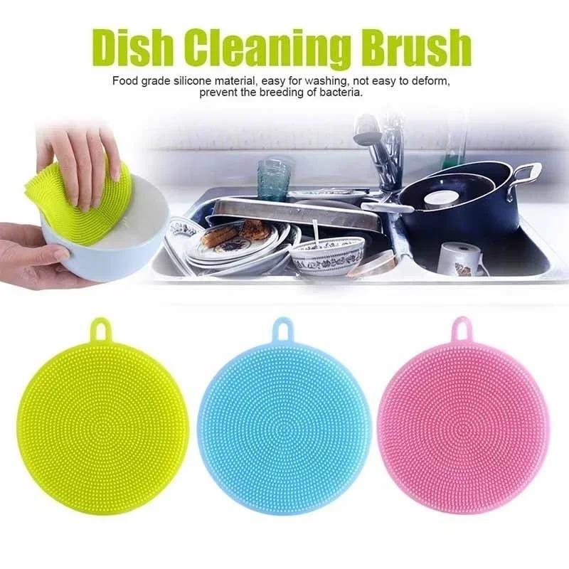 Kitchen Portable Dish Washing Scrubber Silicone Bowl Cleaning Brush Cloth Scouring Pad Pot Kitchen Cleaning Dish Sponge Tools