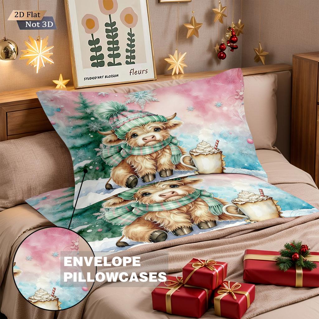 3-teiliges Weihnachten Rosa Highland Kuh Druck Kernloses Bettwäscheset Mehrgrößen Bettwäsche Bettwäsche Dekoration Bequem Maschinenwaschbar