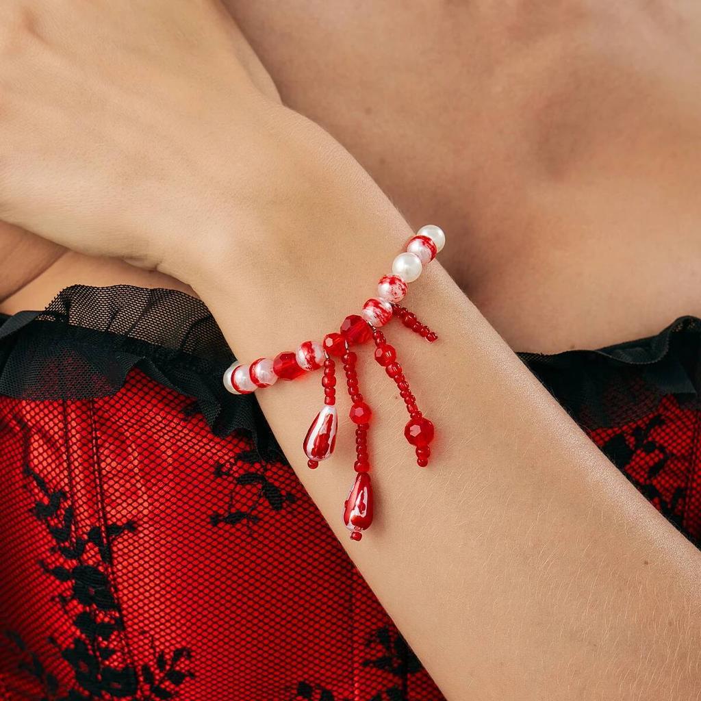 IngeSight.Z Multilayer Goth Red Blood Pattern Imitation Pearl Crystal Tassel Necklace Bracelet Women Vintage Luxury Jewelry Set