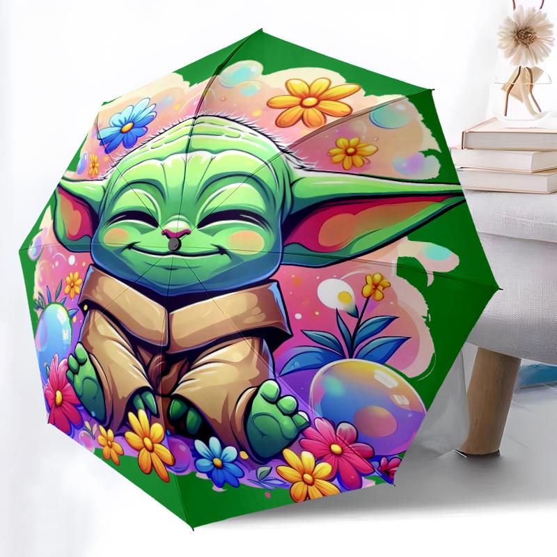 1pc Sturdy 8-Bone Auto Umbrella, Yoda Green Flower Umbrella, Digital Printed, Foldable Umbrella for On-the-Go Outdoor Use