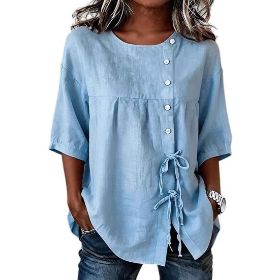 

Женские Топы С Круглым Вырезом С Короткими Рукавами Декор Пуговицами Пуловеры Однотонные Свободной Посадки Боковая Шнуровка Повседневная Футболка M светло-синий