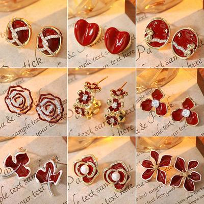Red Oval Earrings for Women, Exquisite Retro High-End Daily Commute Hypoallergenic Ear Jewelry