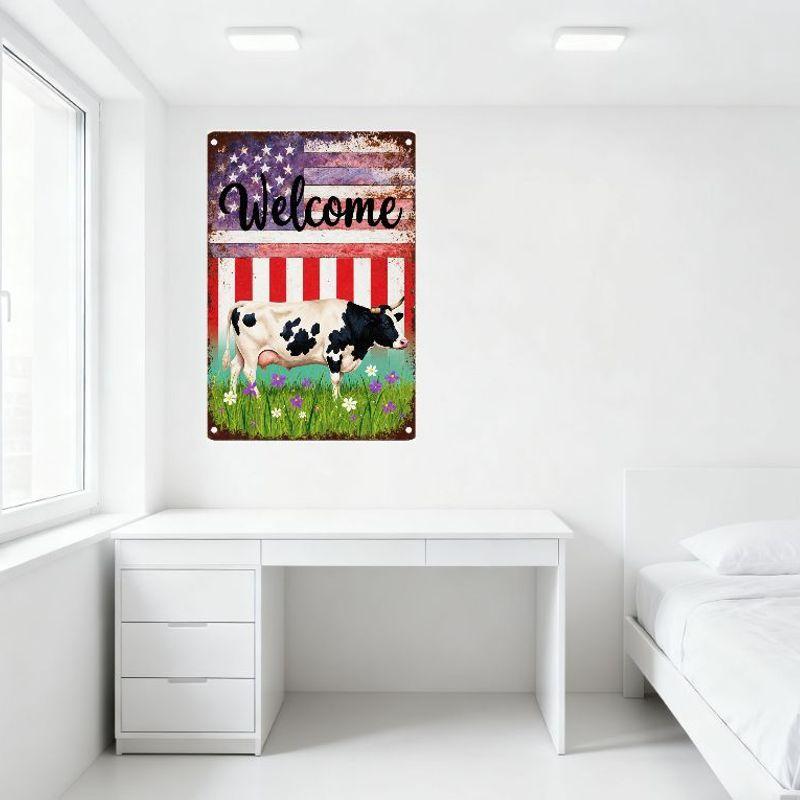 Vintage Rustic Welcome Metal Sign, American Flag & Dairy Cow Farmhouse Wall Decor, Distressed Aged Tin Plaque for Country Home G