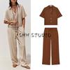 Honeycomb Plaid Short Sleeve Lapel Shirts 4387024 Series with Decoration Wide Leg High Waist Casual Trousers 4387022