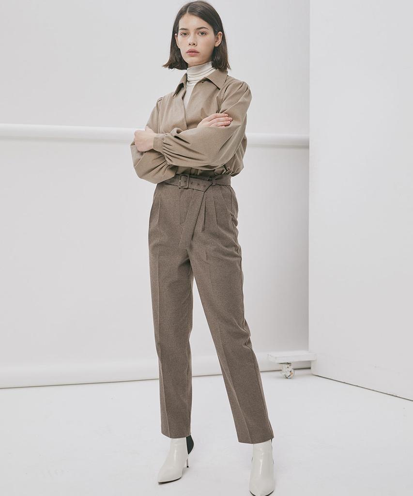 SALON DE SEOUL Unisex Belted Wide Tapered Pants - Brown