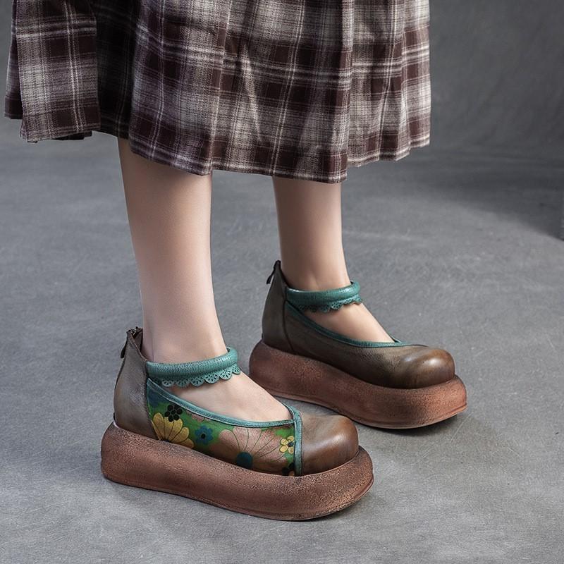 Johnature Thick Soled Height Increasing Shoes Genuine Leather Printed Retro Women's Flat Platform Shoes