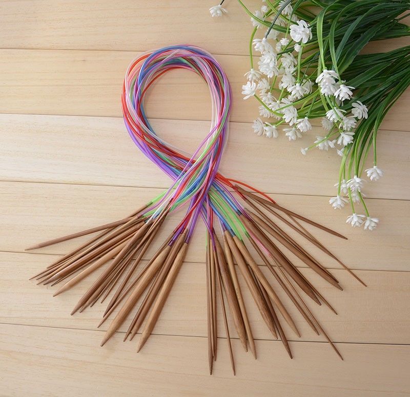 18Pcs/Set Circular Bamboo Knitting Needles Set 2-10mm Wooden Knitting Needles with Colorful Plastic Tube Knitting Needle Craft