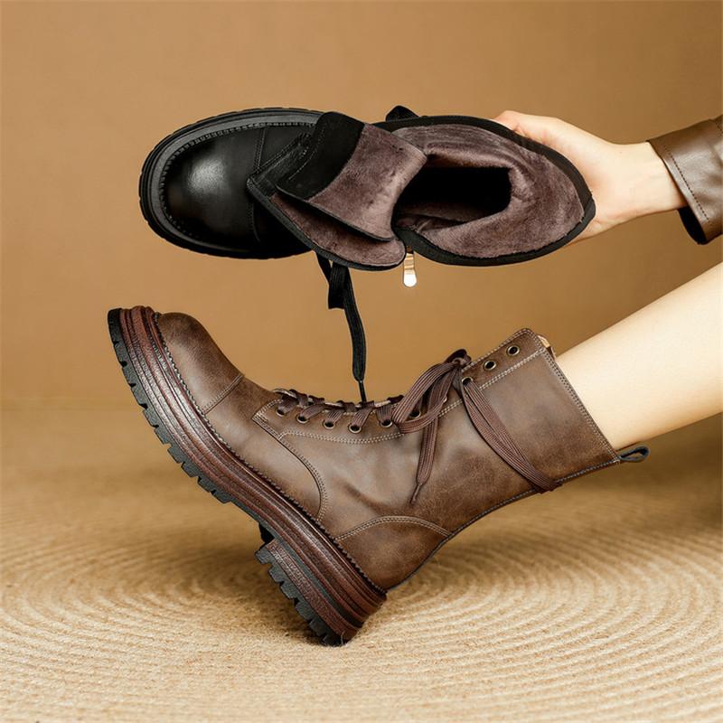 Fashion New Autumn/winter Split Leather Women Boots Round Toe Shoes for Women Fashion Boots Mid Heels Lace Mid-calf Boots Platform Shoes