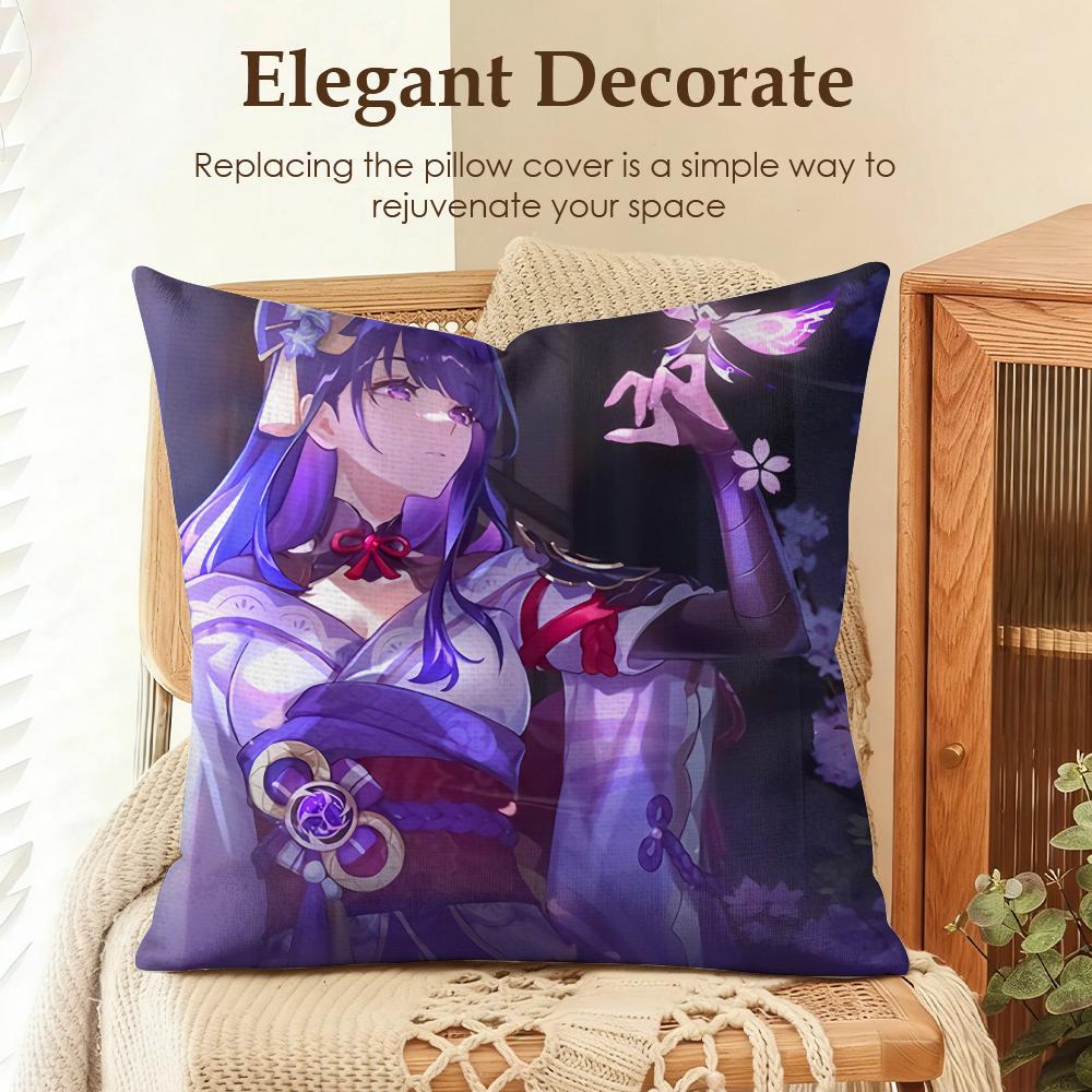 Raiden Shogun Genshin Impact Cushion Cover Natural Linen Organic Fabric DoubleSided Printing Sofa Home Decor Gift Pillow Case