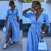 2024 Women's Fashion V-Neck Long-Sleeve Button Denim Dress