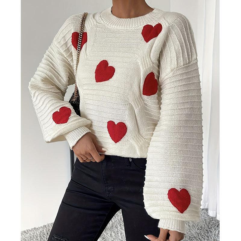 Europe, America autumn and winter new sweater women's clothing loose knitting love embroidery round neck pullover top women