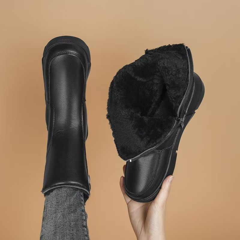 Women's Winter Leather Big Size Flat sole Snow Boot Thick Sole Non Slip Round Toe High Top Waterproof Plush Warm Cotton Boots