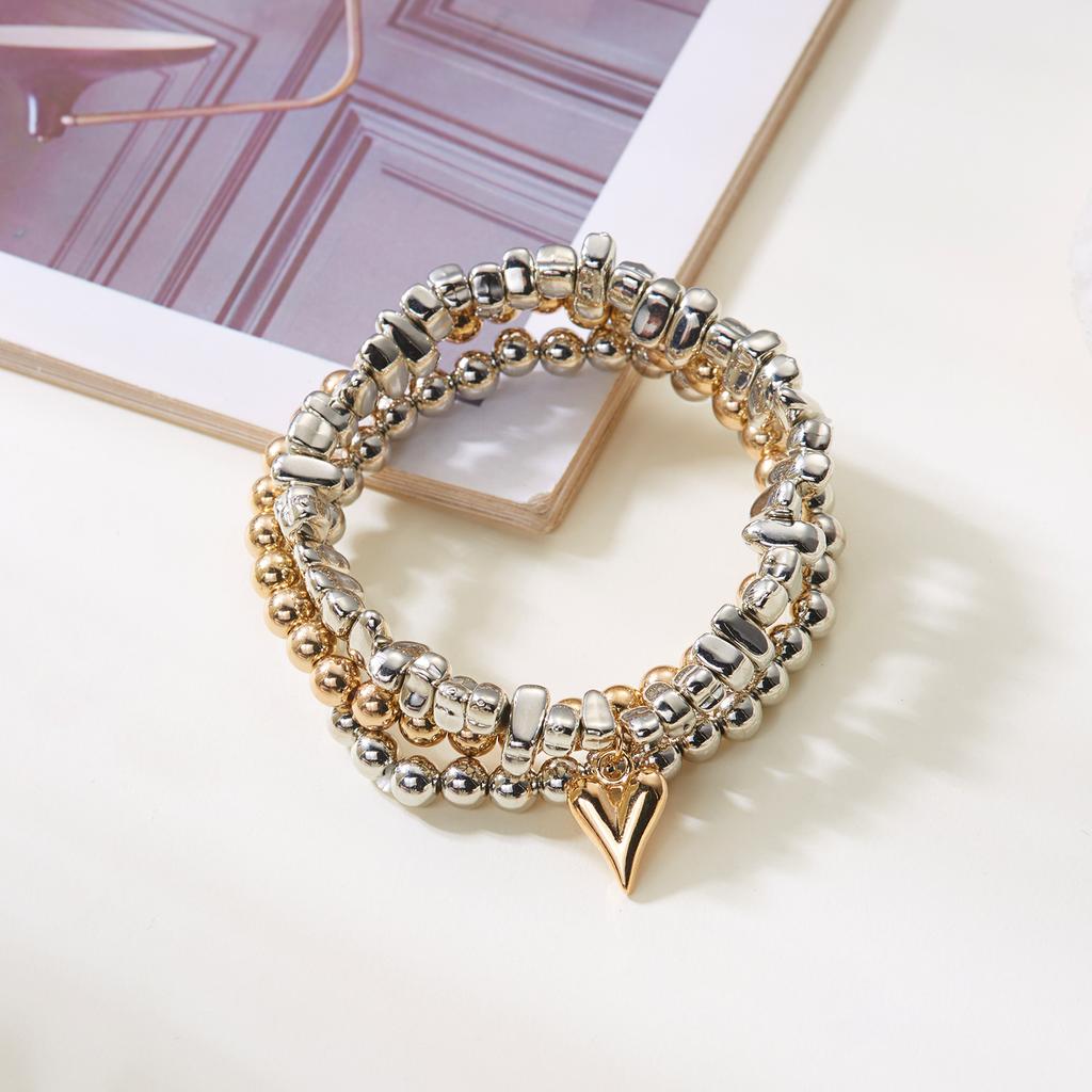 3Pcs/Set Fashion Retro Baroque Bracelet for Women Sweet Heart Pendant Elastic String Irregular CCB Bead Stacked Bracelet Jewelry