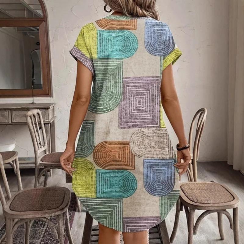 Damen Sommer Elegantes Geometrisches Muster V-Ausschnitt Kurzarm Midi-Kleid