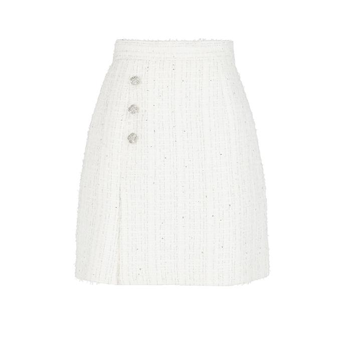ISH Sequin Tweed Semi A-Line Slit Mini Skirt (White)