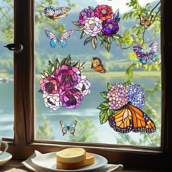 Naklejka na okno z motywem kwiatów i motyli, dwustronna, usuwalna, wodoodporna, z PCV, statyczna naklejka na szkło z motywem kwiatowym, dekoracja do domu, biura, naklejka