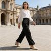 Women Pants High Waist Lace-up Casual Wide Leg Trousers with Pockets Pure Color Design Loose Fit Long Pants Daily
