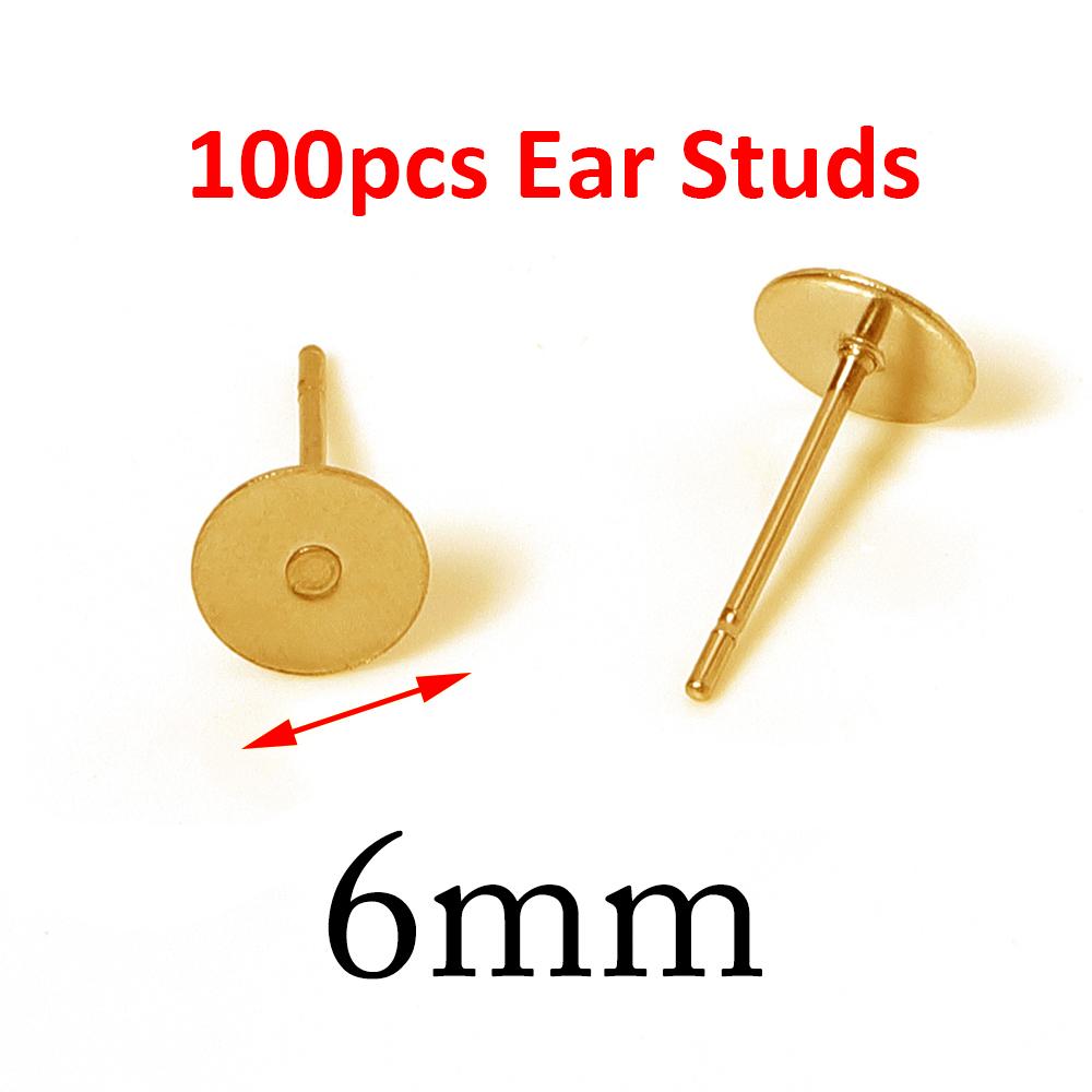 100pcs Gold Color 316L Stainless Steel Earring Studs DIY Ear Blank Post Pins 3-12mm Flat Round Tray Base Ear Jewelry Making DIY