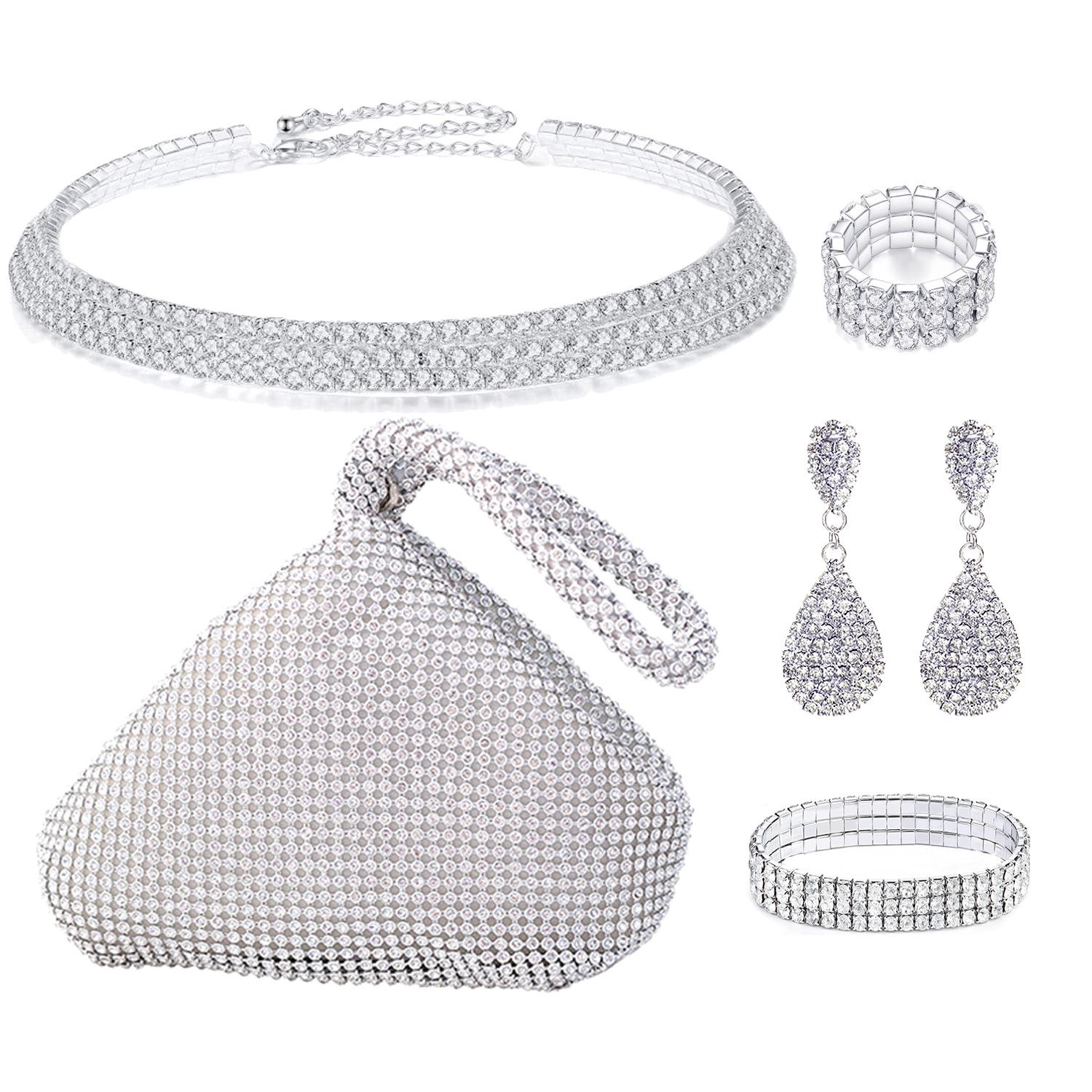 

Elegant Bridal Jewelry Set: Rhinestone Necklace, Earrings, Ring, and Bracelet серебряный