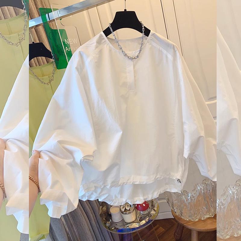 

Korean Style Loose Fit Drawstring Hem Long Sleeve Shirt for Women XL білий