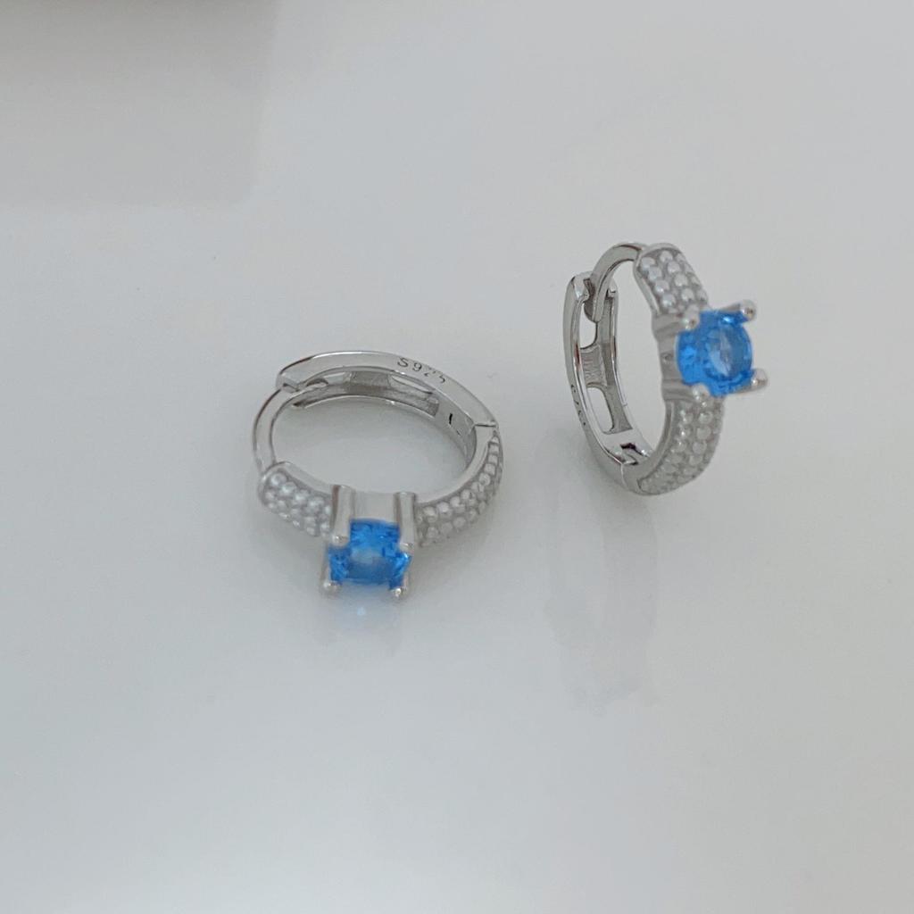 14K Gold Plated S925 Sterling Silver Blue Zircon Four-Prong Earrings for Women