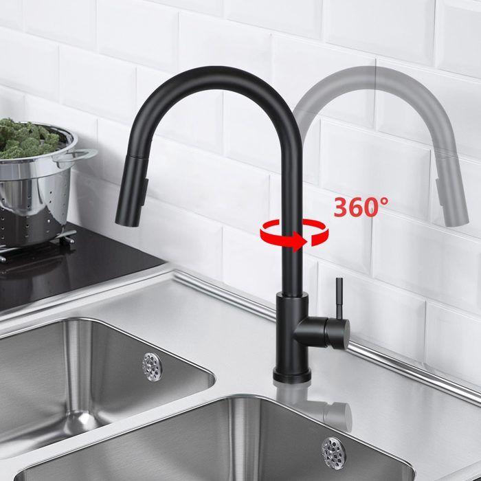 Robinet de cuisine - NETTLIFE - Modèle standard - Noir inox - Douchette extensible 360° - 2 jets