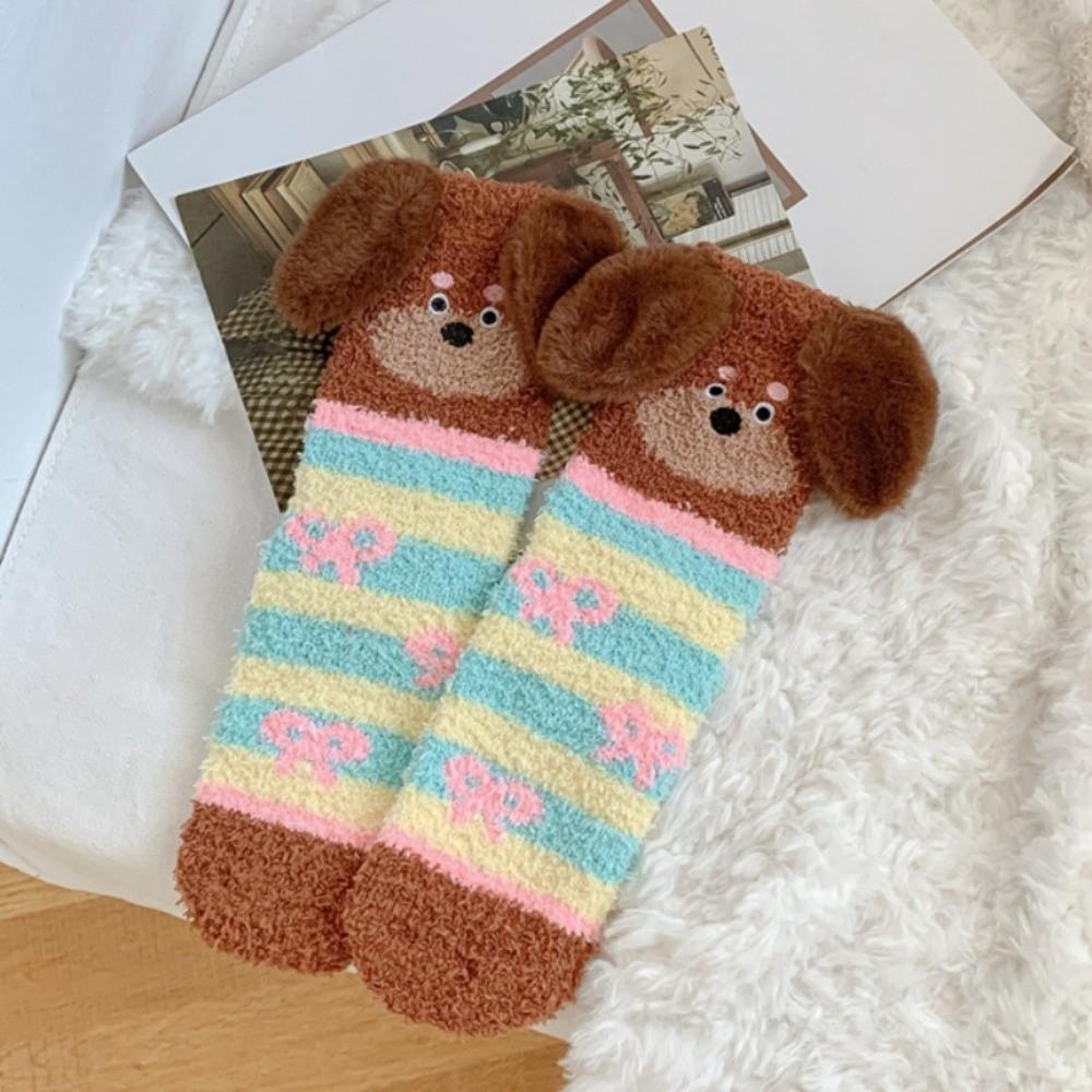 Plush Puppy Ears Coral Fleece Socks Polka Dot Floor Socks Cartoon Dog Thicken Velvet Socks  Girls