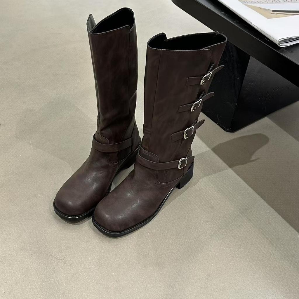 British Style Retro Belt Buckle Knight Boots 2025 New Wide with Martin Boots One Pedal Thick Heel Thick Sole Medium Boots