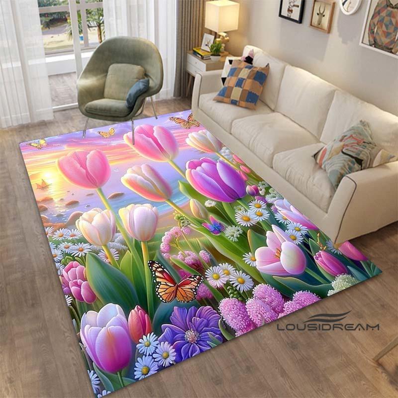 Sunflower Tulip Field Rug for Living Room, Bedroom, Coffee Table, Modern Non-slip Home Decor Area Rugs Customizable