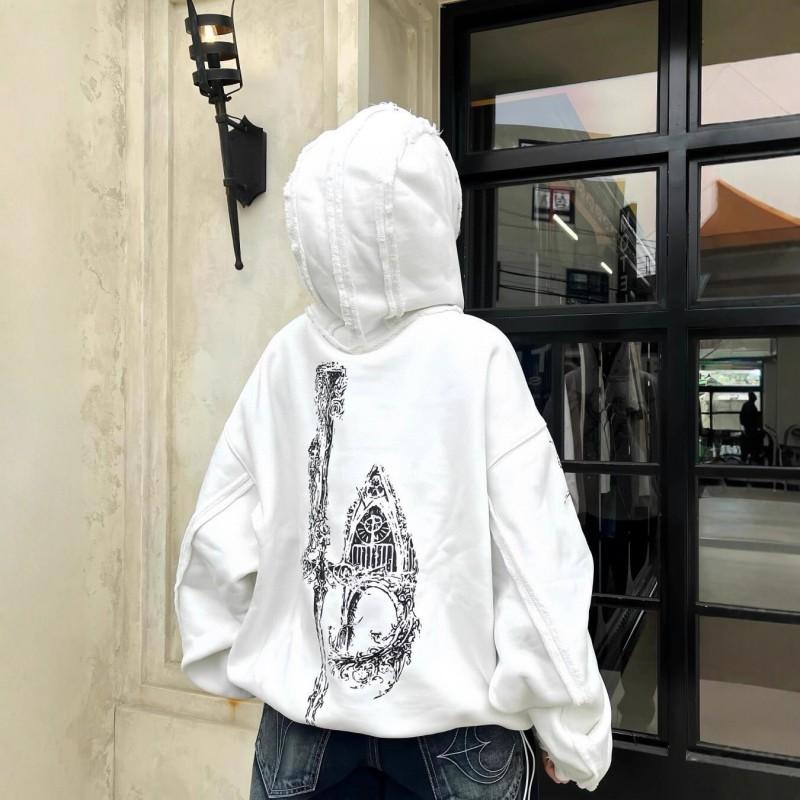 Mens Oversized Hooded Zip-Up Sweatshirt With Bold Graphic Print Cotton Fleece Loose Fit Streetwear Winter