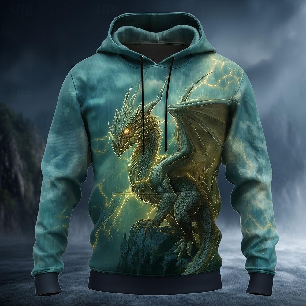Men's Dragon Hoodie Sweatshirt 3D Fantasy Long Sleeve Crew Neck Gift Club Streetwear Blue Brown Green Drawstring Fall Winter Designer