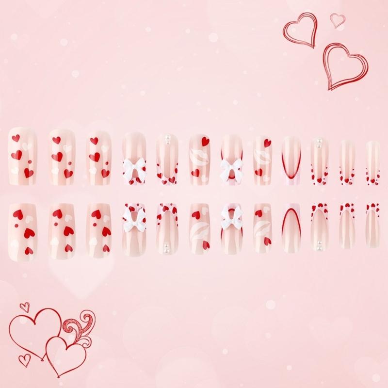 24Pcs Medium Square Stick on Nails with Elegant Bows Charms Press on Nails False Nail Manicure for Special Occasion