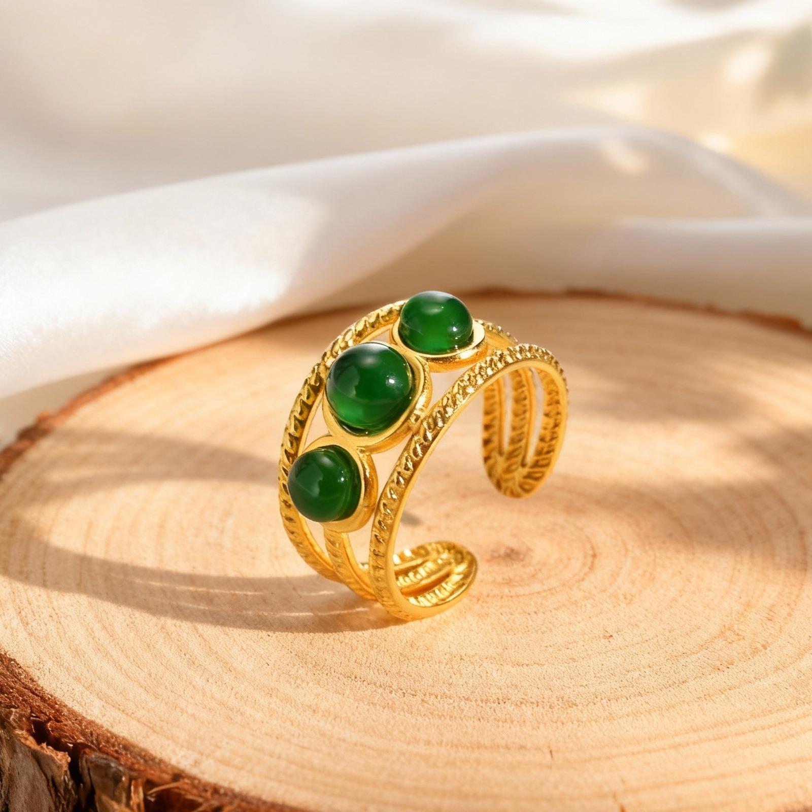 

Luxurious Imitation Natural Stone Ring for Women Stainless Steel Twist Texture Opening Rings Retro Finger Jewelry Gift