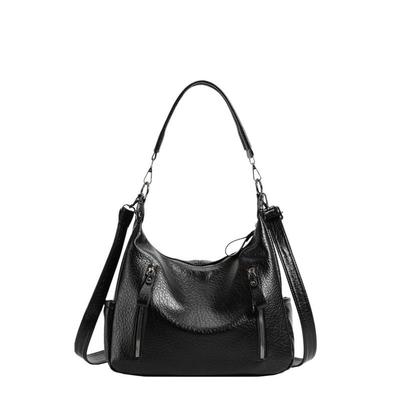 

2025 осень новая европейская и американская ретро-сумка женская персонализированная сумка-тоут на одно плечо через плечо двойная молния большая сумка чёрный