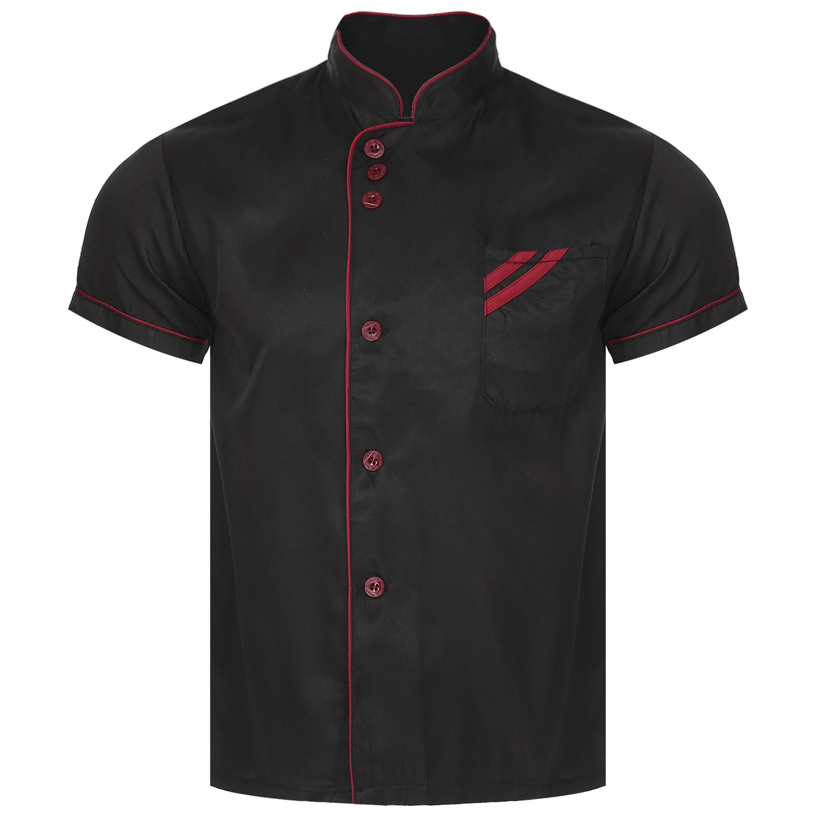 

Унисекс поварская куртка с коротким рукавом и воротником-стойкой, контрастная отделка, застежка на пуговицы, кухонная униформа для персонала ресторана, отеля, пекарни