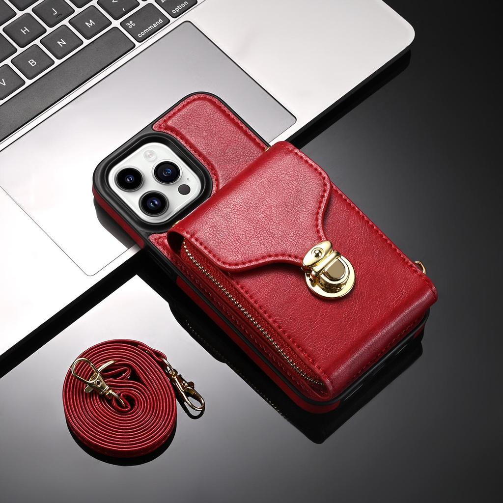 Crossbody iPhone Hülle mit Umhängeband, Kartenfach, Reißverschluss - Passend für Apple Handys 13-15, 12 Pro