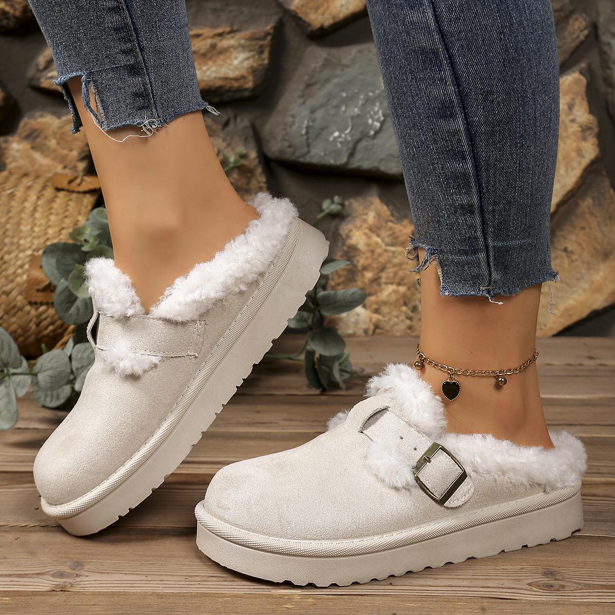 

Fashion Casual Metal Buckle Decoration Cotton Outdoor Slippers Women 2025 Winter Thick Bottom Ankle Snow Boots Warm Short Plush Shoes 41 бежевый