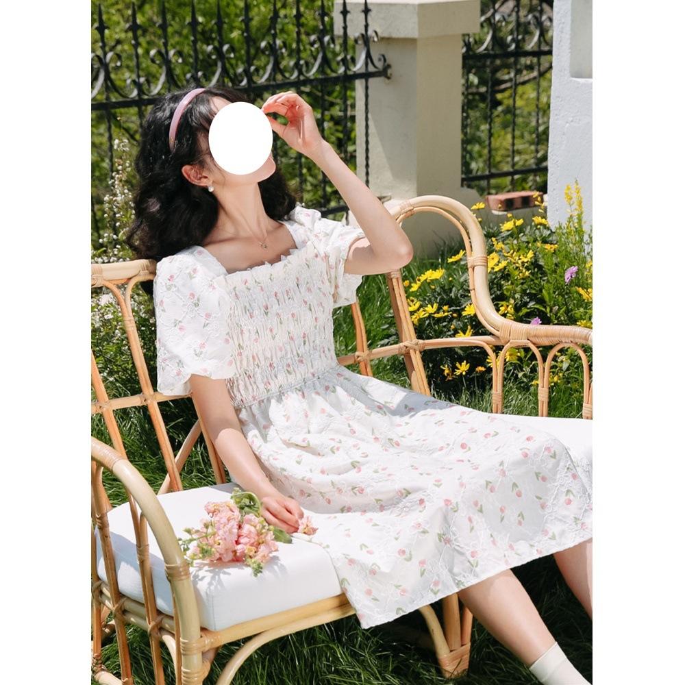 

Платье с рукавами-буфами для девочек, летнее новое, для учениц средней и старшей школы, милое цветочное платье принцессы, средней длины, новое XL- (recommended 110-60kg)