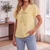 ZANZEA Womens Elegant V-Neck Tie Bow Stitching Short Sleeve Casual Loose Blouse Tops