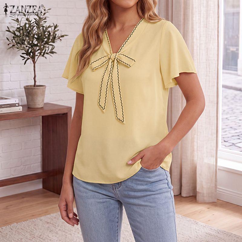 ZANZEA Womens Elegant V-Neck Tie Bow Stitching Short Sleeve Casual Loose Blouse Tops