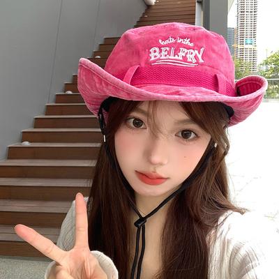 Letter Embroidery Fisherman Hat for Women Summer Washed Cotton Solid Color Cowboy Wide Brim Sunshade Cap Girl Outdoor Hiking Hat